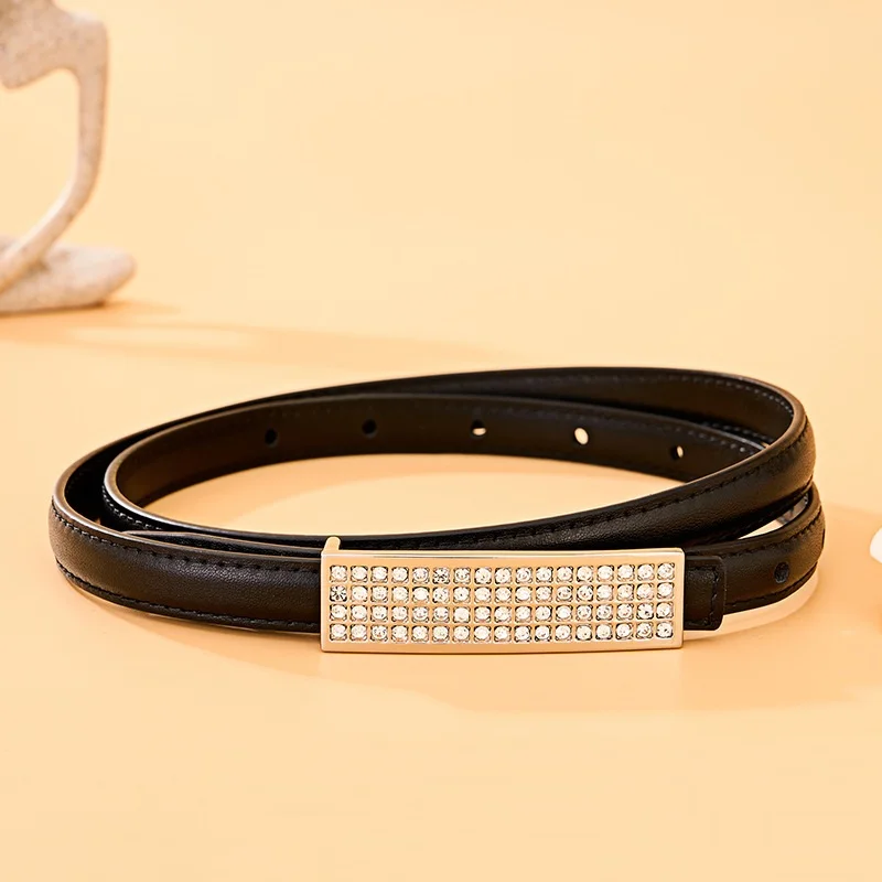 Custom Fashionable Accessories Gold Rhinestone Women Buckle Black Faux Pu Leather Belt
