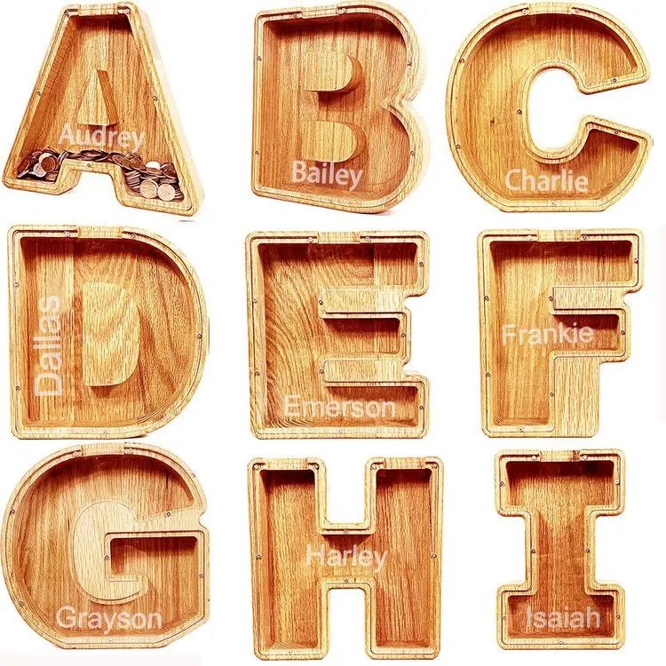 A-Z Letter Wooden Piggy Banks,Engraved Name On Acrylic Saving Money Boxes