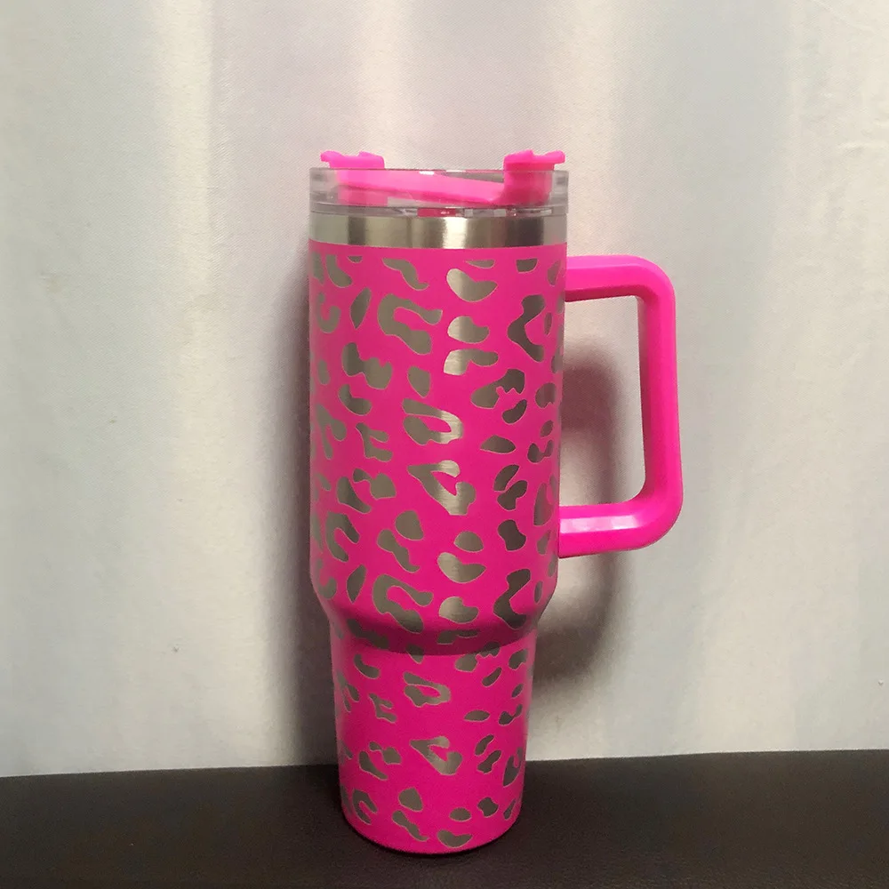 New High Capacity Laser Leopard print with handle 40OZ Double Layer Insulation Rainbow Car Cup with Straw