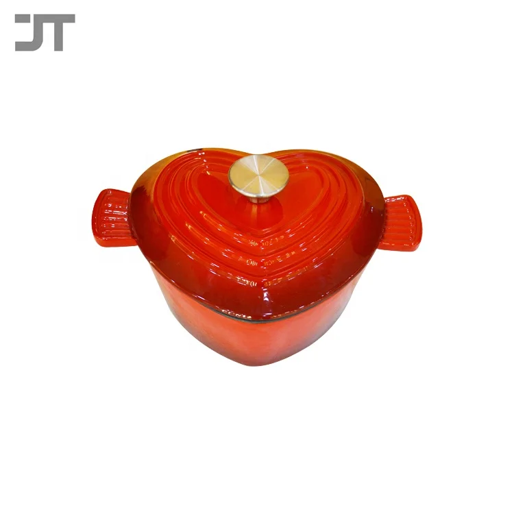21cm China factory price dual handles enamel cast iron pink heart cooking pot set with lid