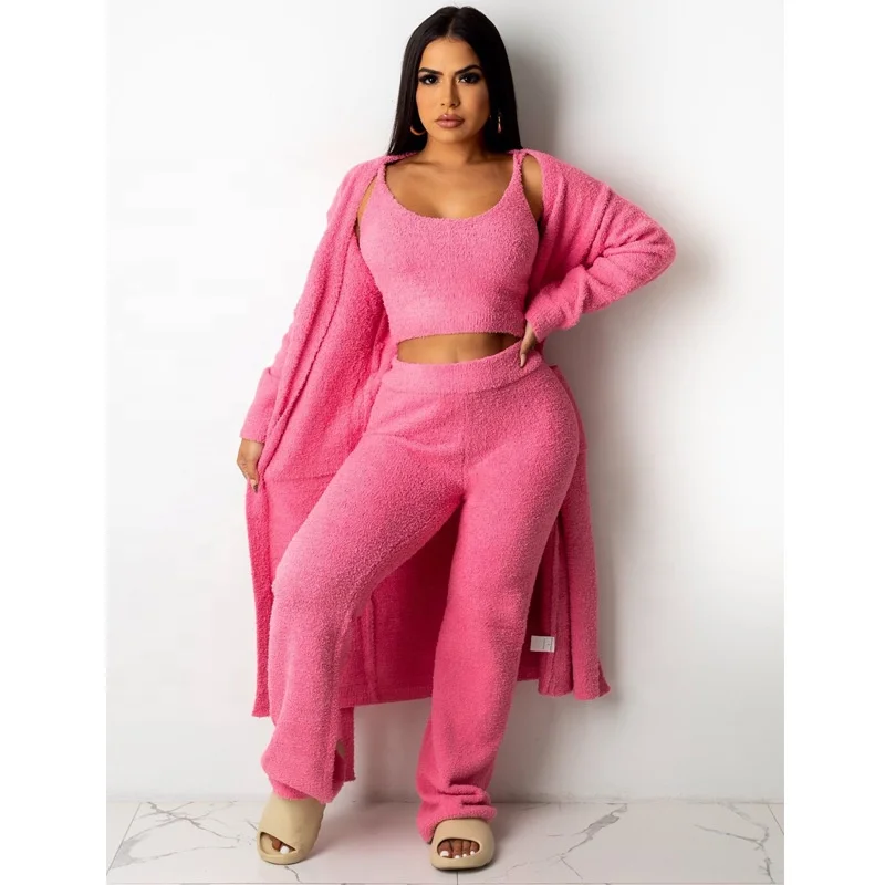 RX-826 Home wear casual solid towel fabric three piece sweater set 3 piece fuzzy set cardigan and long pants 3 piece set