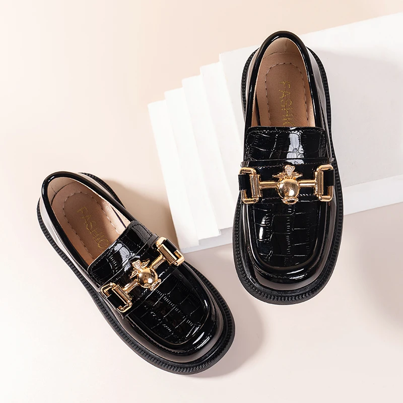 Spring Autumn Fashion Style Solid Color Black Girl White Leather School Kids Shoes For Dress