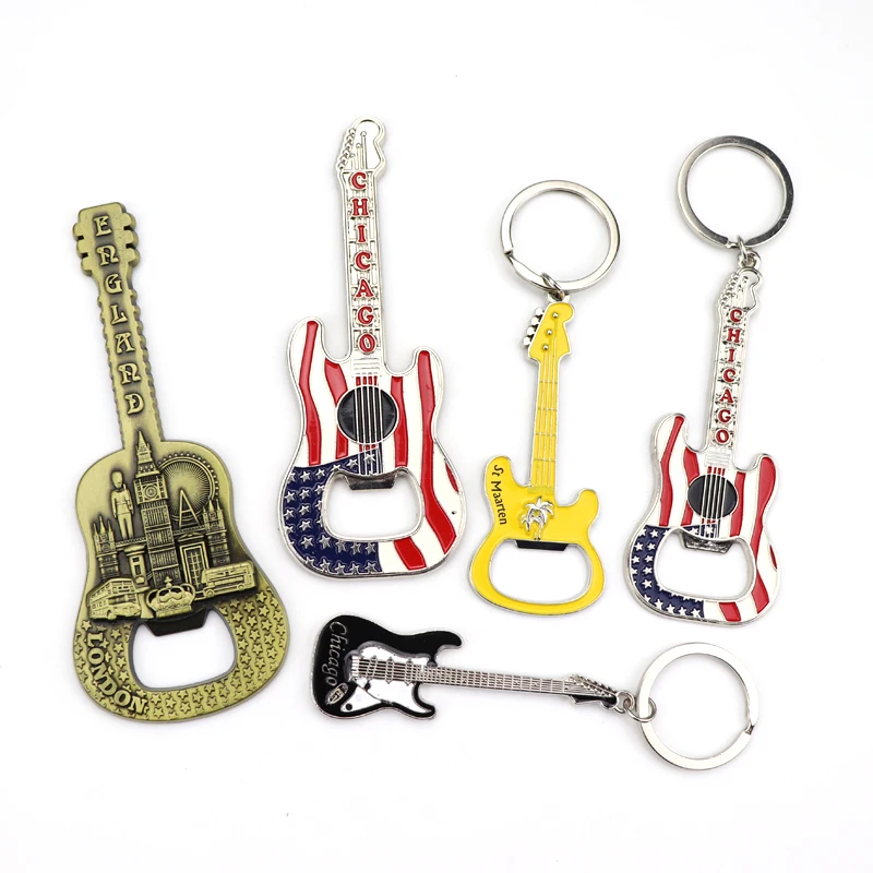 Wholesale Custom Logo Design Enamel Souvenir Keychain Guitar Shape Metal Beer Bottle Opener Keychain