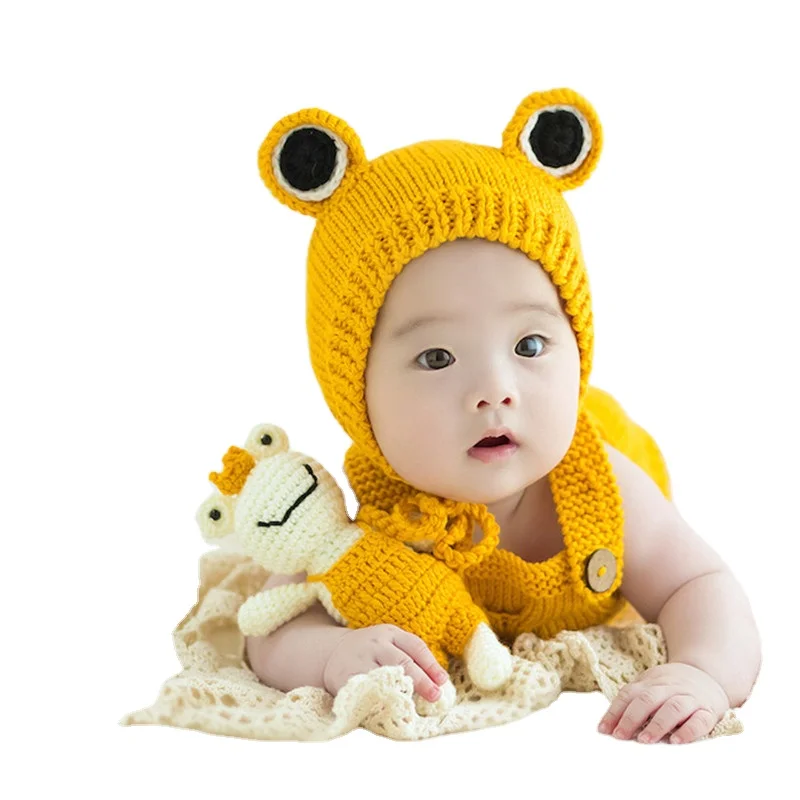 Newborn artificial knitted woolen hat doll photography props accessories clothing baby frog jumpsuit hat set