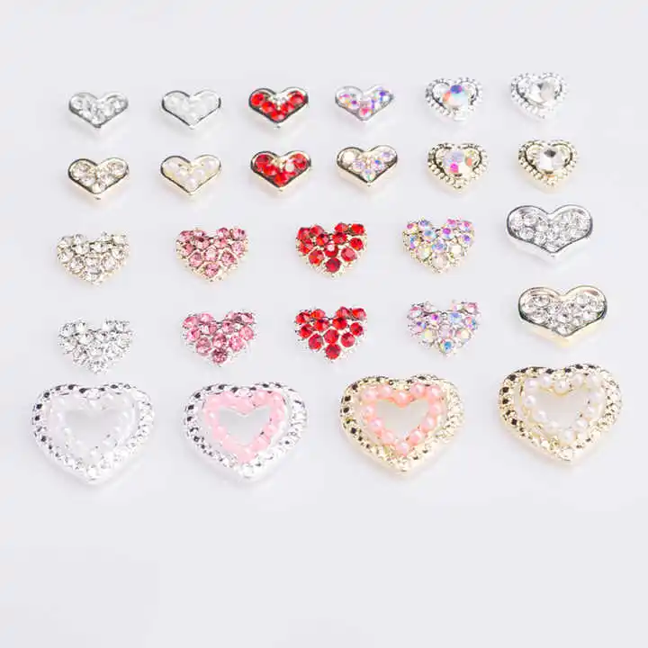 Valentines Day Luxury Wholesale Pink Red Heart Love Nail Jewelry, Heart Rhinestones Pearls Charms for Manicures Decoration