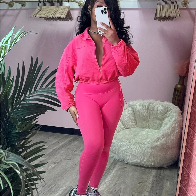 X15658C Casual Solid Sporty Two Piece Sets Women Zipper Long Sleeve Drawstring Top And Skinny Pants Outfits Female Tracksuits