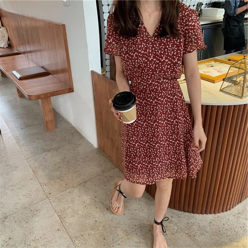 Summer hot sale Women v-neck short sleeves full lined dress Chiffon fabric dress