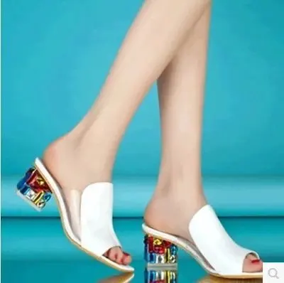 HLS045 thick heel casual slippers mid heel heels women fashion mules shoes