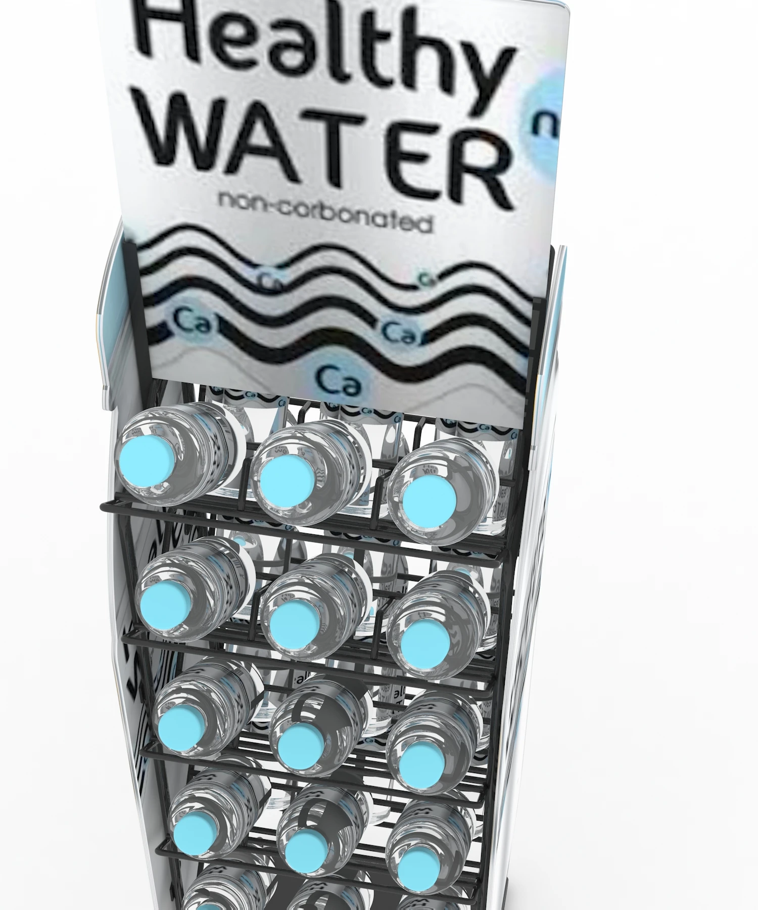 Custom bottled or pure water display stand & metal floor-standing water display rack in shopping malls and supermarkets.