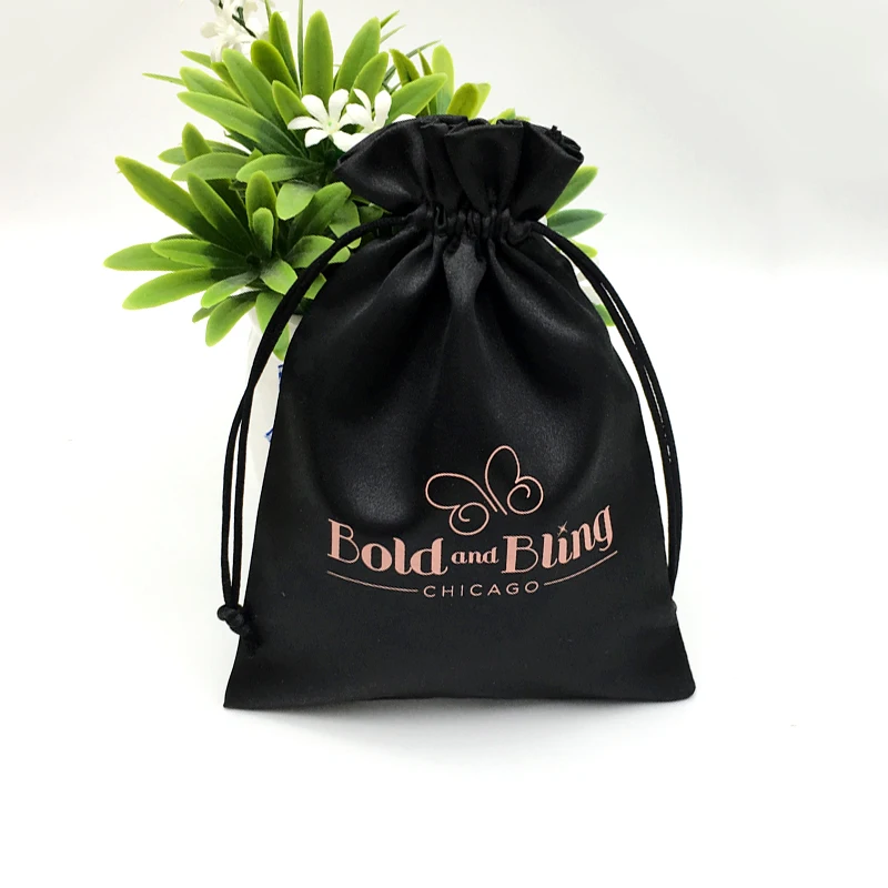custom logo printed  satin fabric drawstring hair extension packaging wig bag