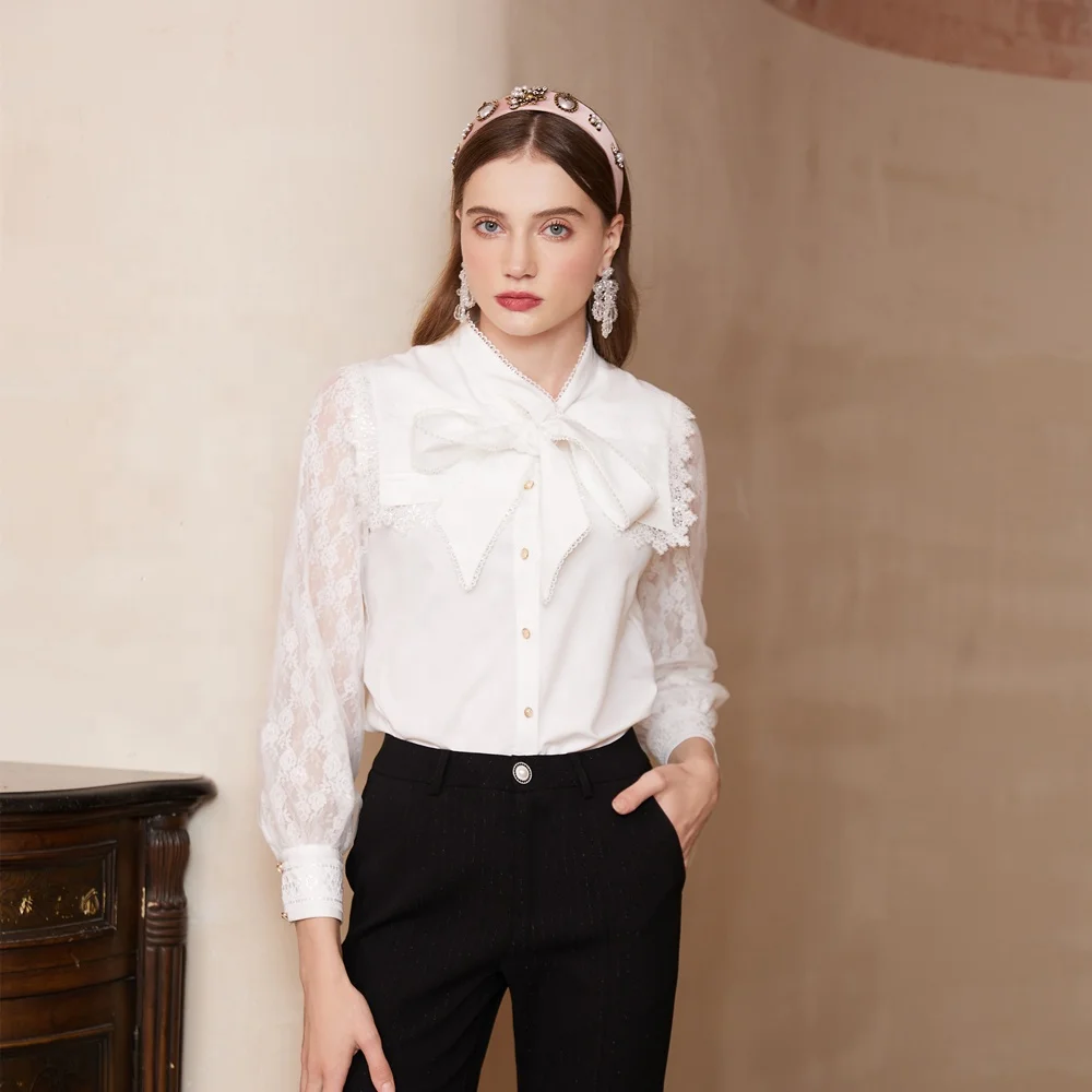 Bow Collar Lace Patchwork Shirt Blusas De Mujer Blouses Et Chemises Pour Femmes Stylish Shirt