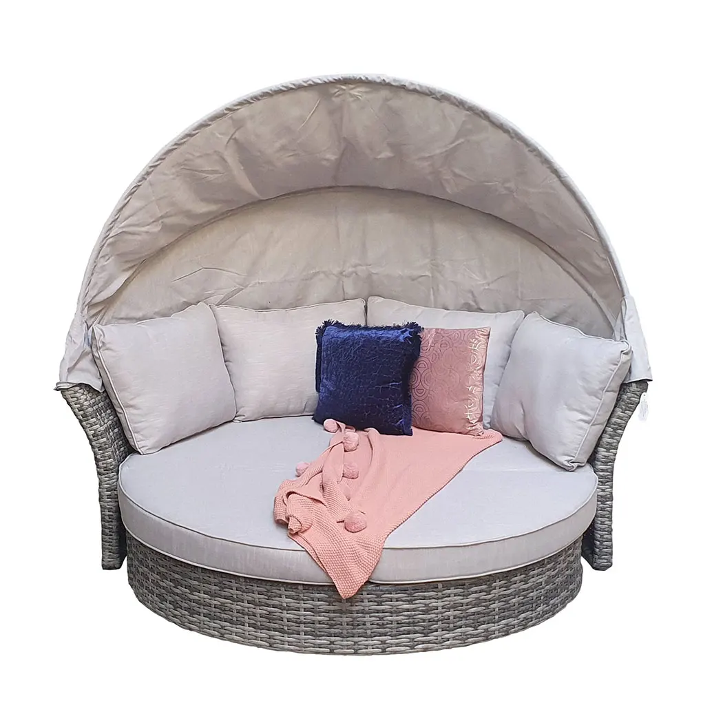 Round Wicker Queen Rattan Outdoor Sofa Daybed Set with Canopy