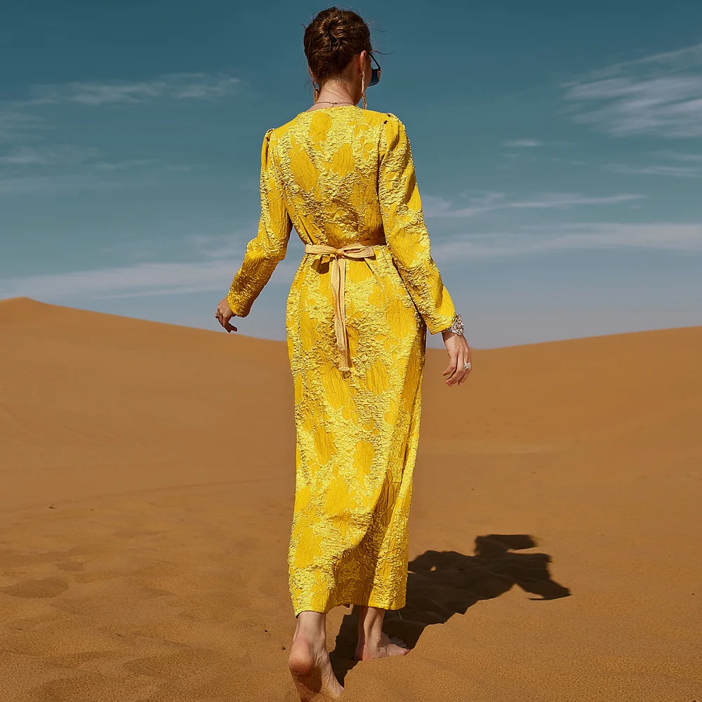 Muslim Ladies Evening Party Wear V Neck 3D Floral Print Yellow Color Elegant Dress Middle East Dubai Muslim Woman Abaya