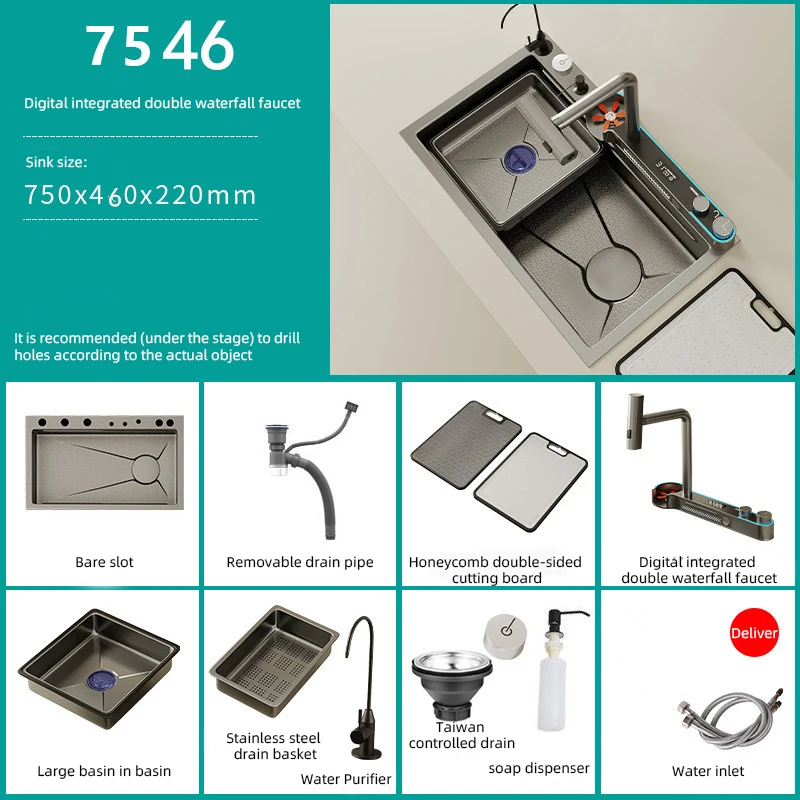 Quality Wholesale nano stainless steel hand made kitchen sink waterfall kitchen sink with digital display SUS smart kitchen sink