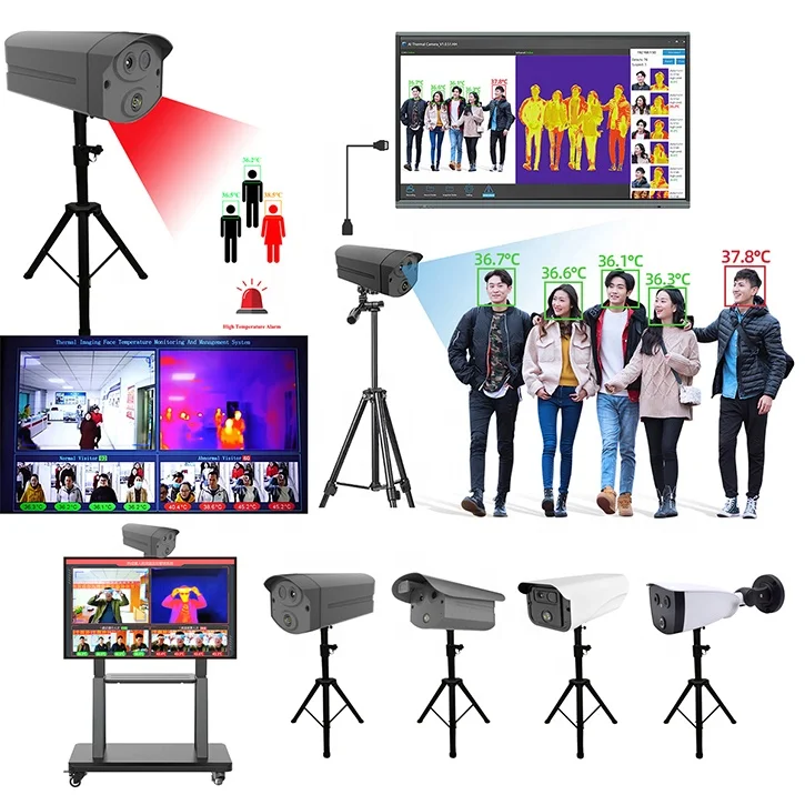 multiple people pass security camera system with monitoring screen walkthrough thermal imaging body temperature screening system