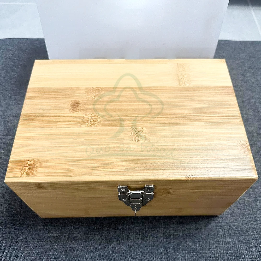 Large Bamboo Wooden Box Tray Set, Locking Storage Decorative Box for Home with Combination Lock, Rolling Tray Stash Box
