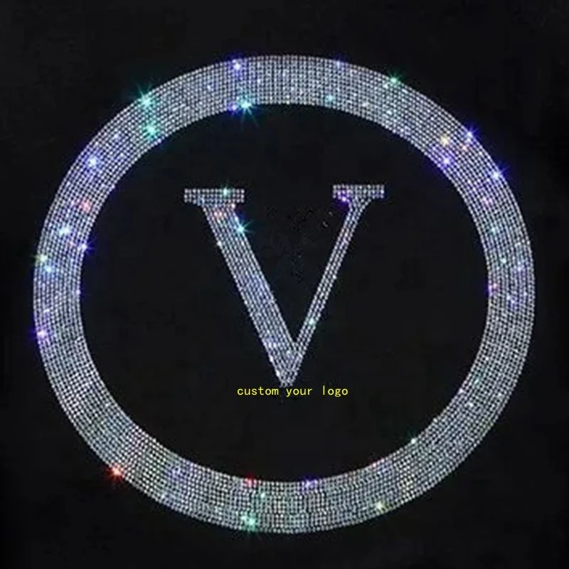 Free Sample Bling Designer Hot Fix Brand LOGO Rhinestones Transfer Motif Iron On Heat Transfers Custom  Design Path For Clothing
