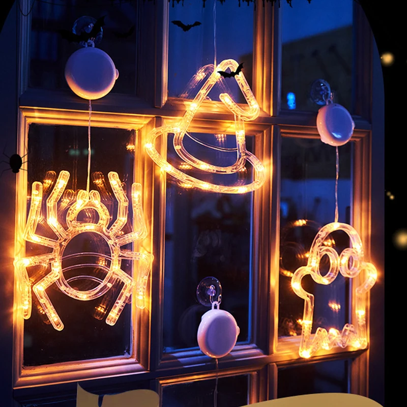 Battery Operated Suction Cup Pumpkin Spider Web Hat Bat Halloween Decorations Window Lights Home Festival Hanging Lights Lamps