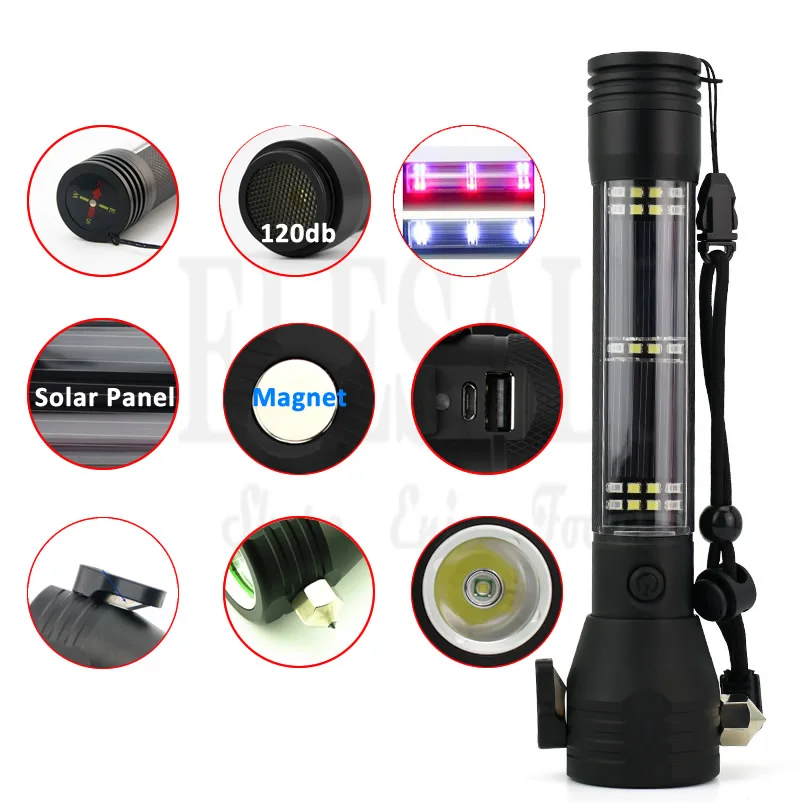 Car Flashlight Solar Power Tactical Flashlight Bright LED Emergency Torch Light With Safety Hammer Seat Belt Cutter Compass