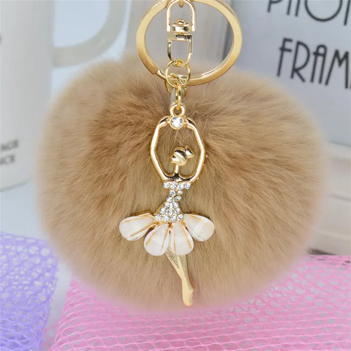 Hot Fashion Women Fur Ball Ballet Dancer Pom Pom Charm Car Keychain Handbag Key Ring Pendant