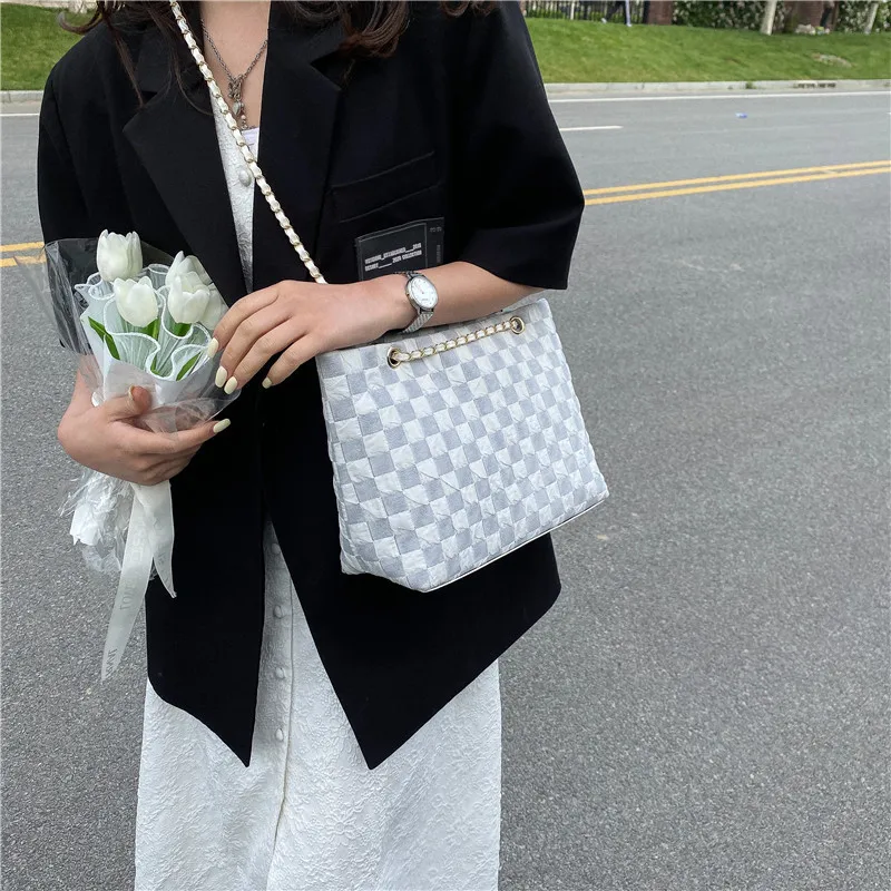 Wholesale Cheap Large Capacity Plaid Checkered Tote Shoulder Bag With Chain Strap For Girls Ladies Office Bag