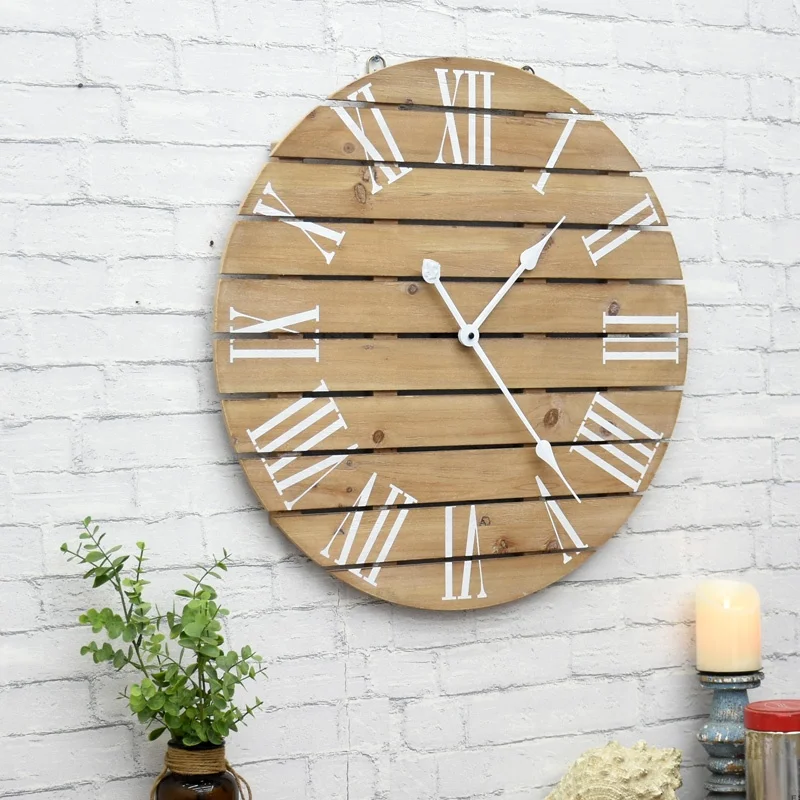 Hot Selling Large Size Roman Numerals Farmhouse Retro Big Wall Clock Splicing Mdf Wooden Strips Vintage Analog Wall Clock