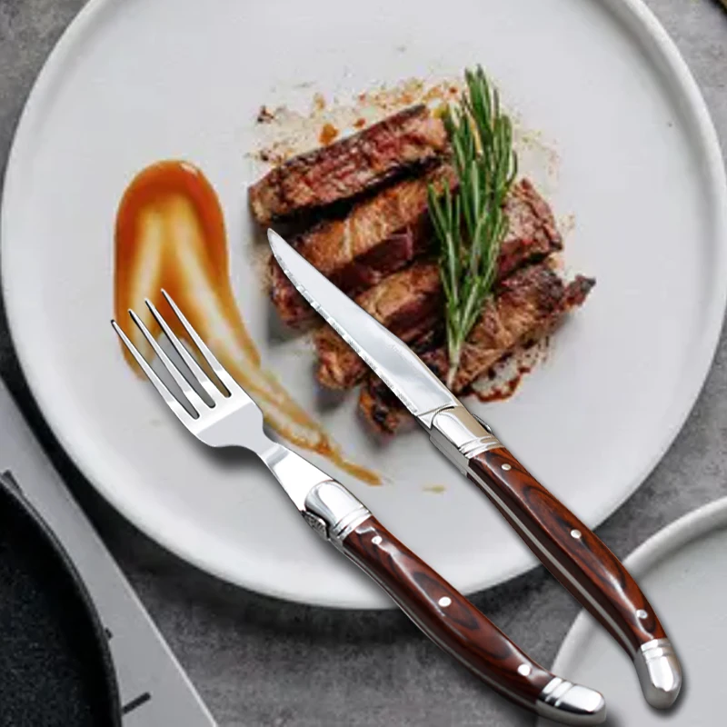 Laguiole Stainless Steel Flatware Set Kitchen Accessories with Wooden Handle Dinner Knife and Fork for Table Use