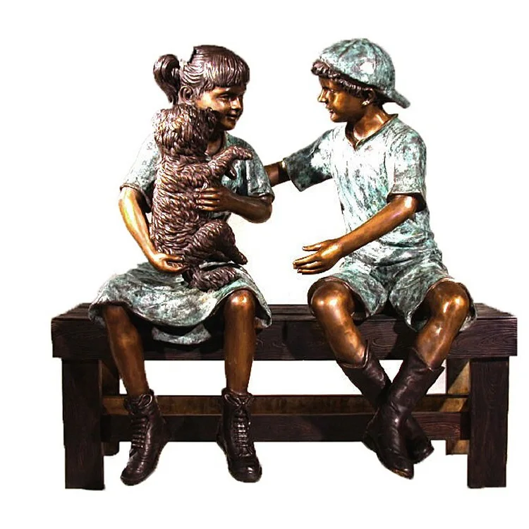 Best Quality Bronze Two Kids Sitting on Bench Statue