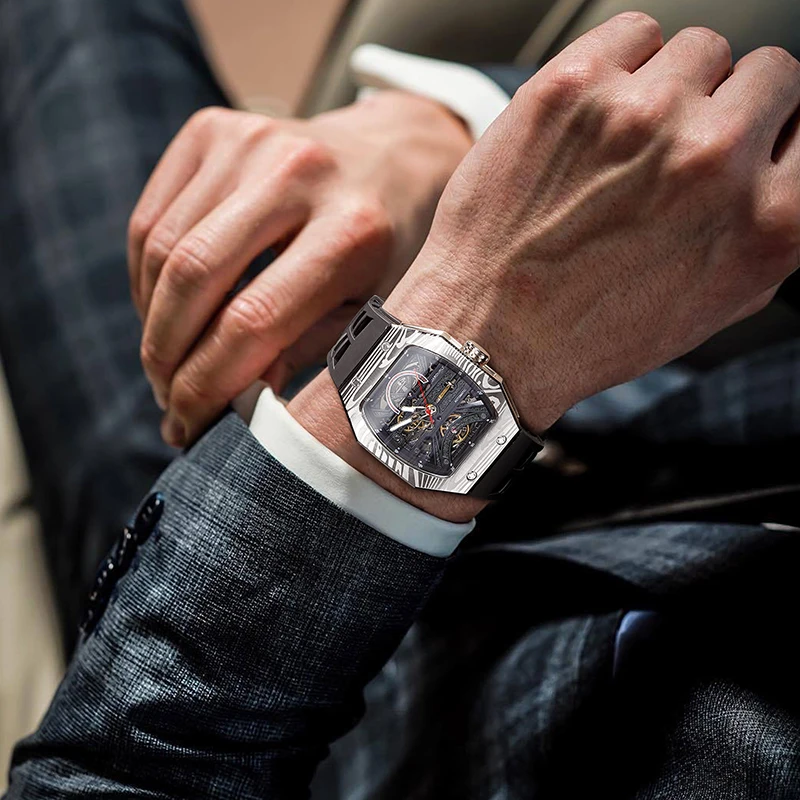 JINLERY Square Skeleton Automatic Mechanical Watch with  Waterproof Luminous Sapphire Mirror Wrist Watches For Man