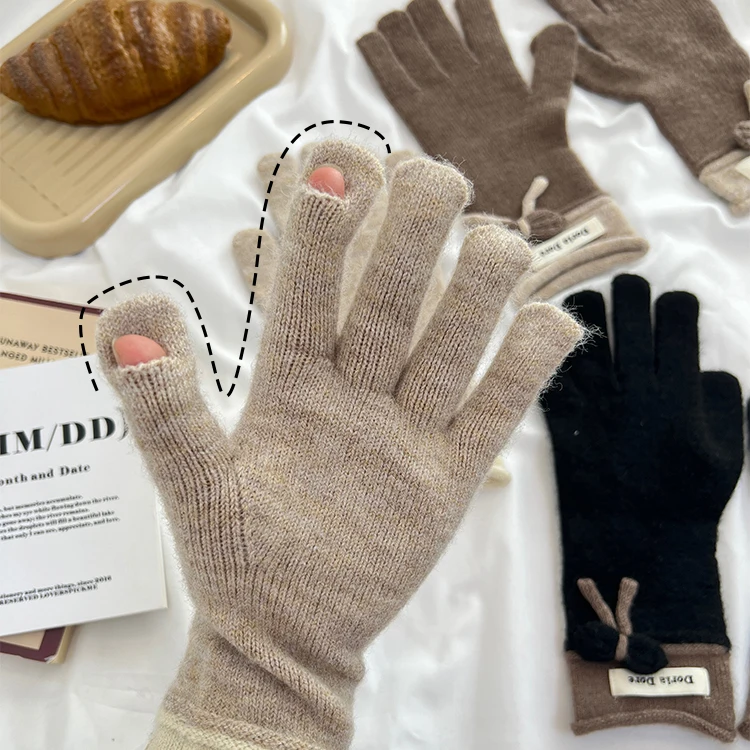 Bowknot Decoration Women Winter Warm Cashmere Glove Custom Fashion Knitted Gloves Girls Knitted Full Finger Gloves