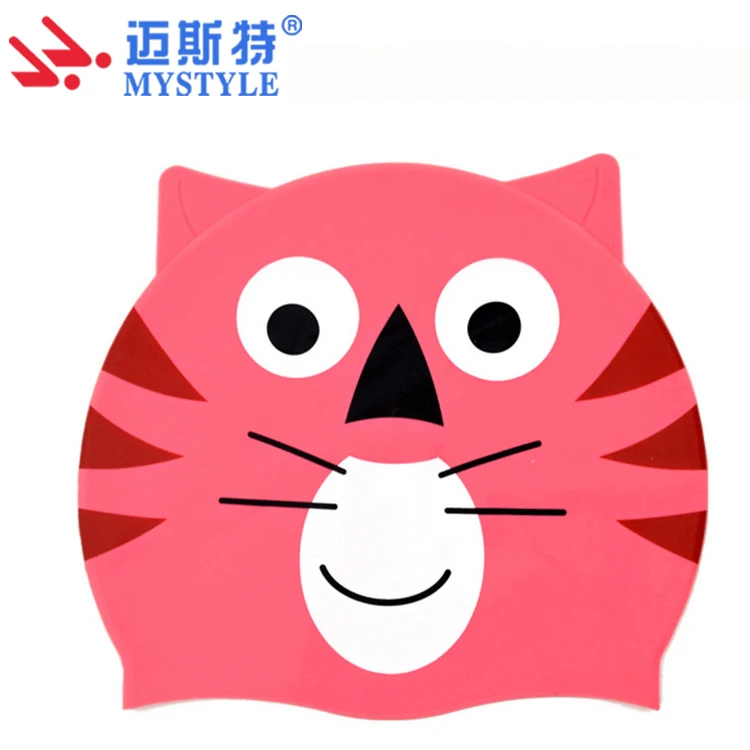 Factory Wholesale Silicone Swimming Cap Silicone cartoon cat animal print swim cap for kids