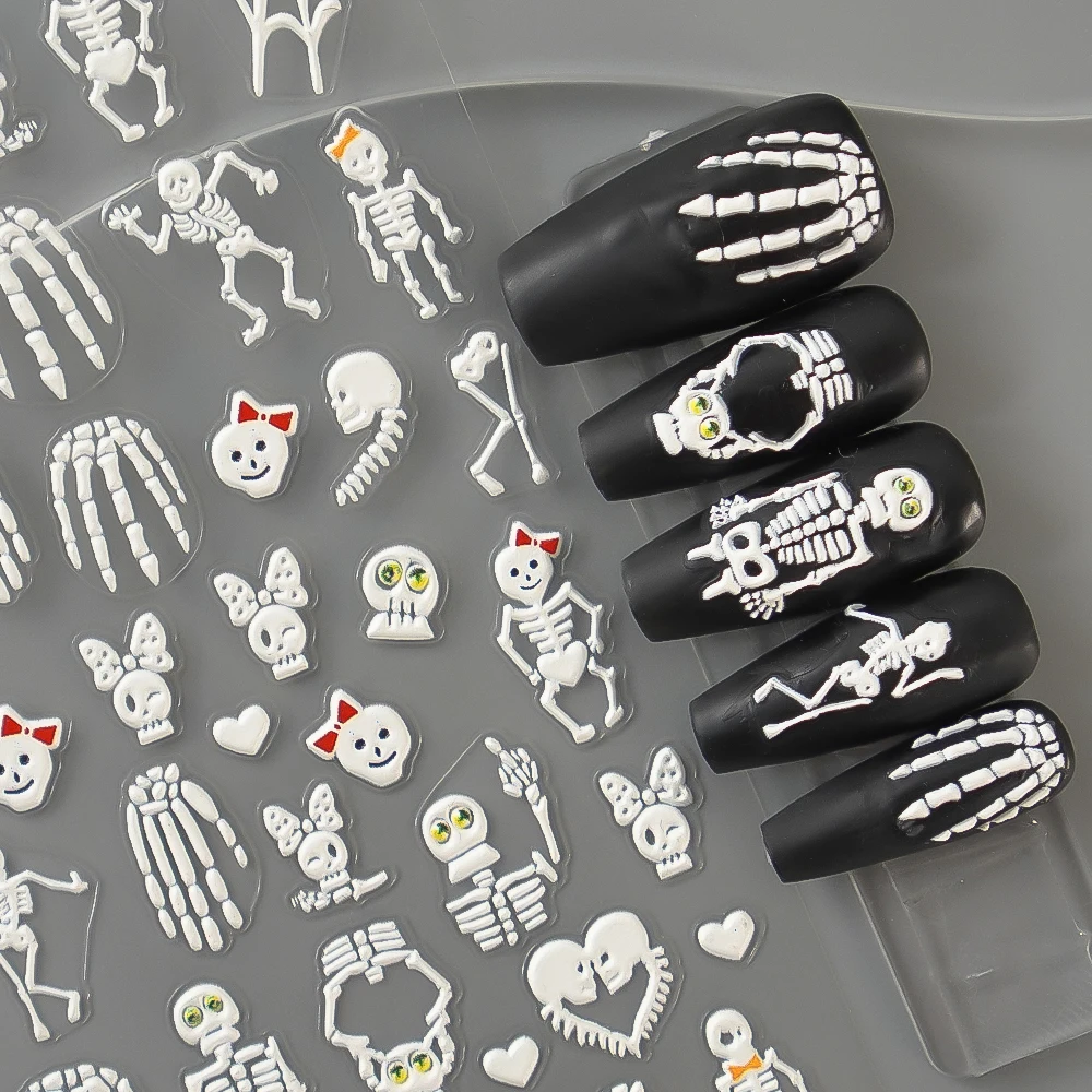 5D Halloween Nail Art Stickers Embossed Nail Sticker Vampire Zombie Skull Bone Hand Nail Sticker Decal