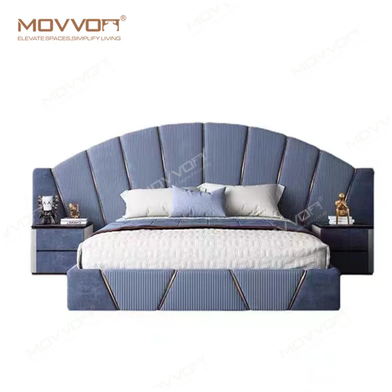 Luxury Italian High Headboard Genuine Leather Bed Queen King Size Arc Rainbow Design Double Bed Bedroom Furniture