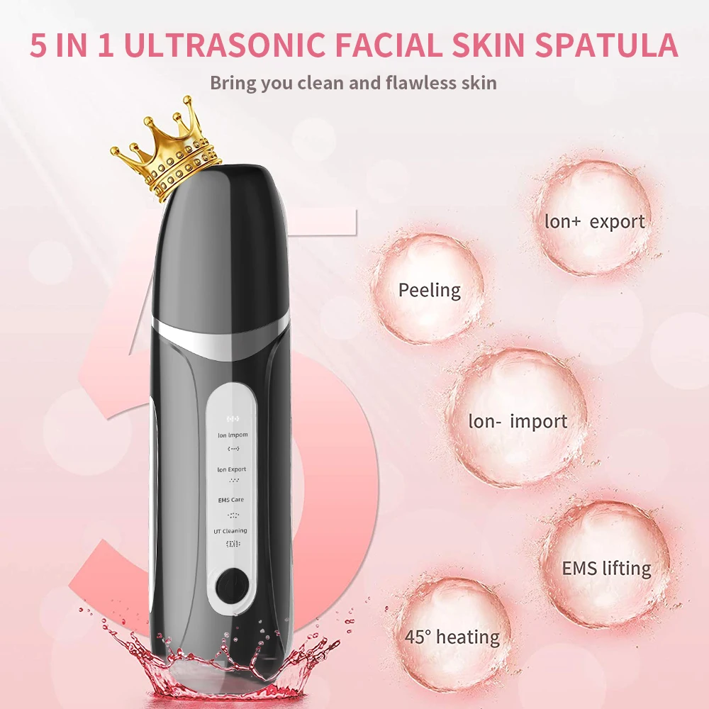 Professional Ultrasonic Skin Scrubber Machine Multifunctional Anti-Spatula Facial Pore Cleaner Heating Device for Face Peeling