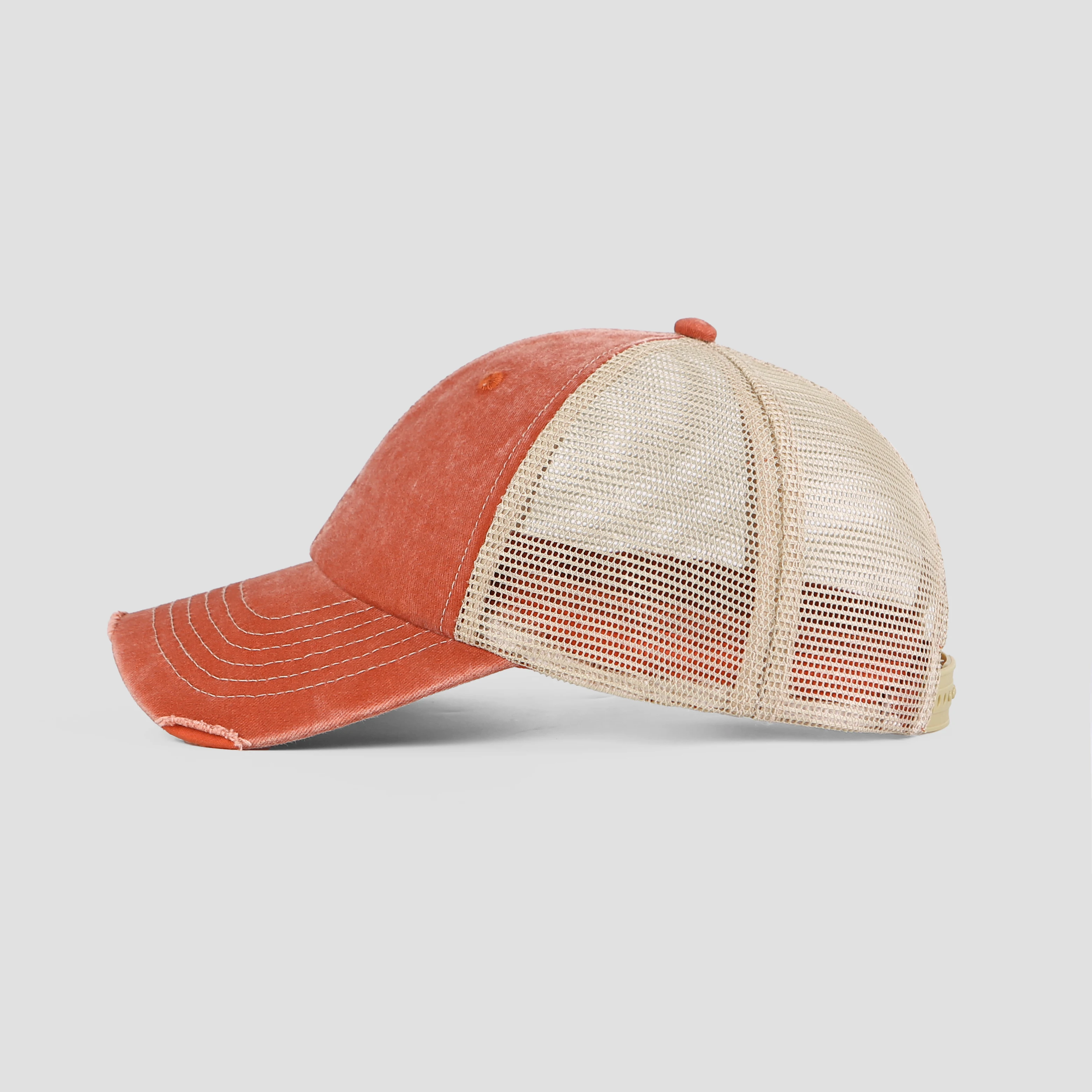 Wholesale 6 panel sanding washed blank trucker hat curved visor distressed vintage mesh sport cap