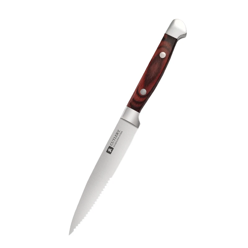 Trending products kitchen steak knives serrated stainless steel wooden handle steak knife set of 4 pieces