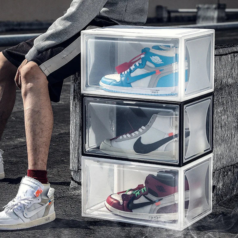 Side Open Drop Door Steady Stackable Simple Assemble Custom Sneakers Foldable Clear Shoe Storage Box With Magnetic Door