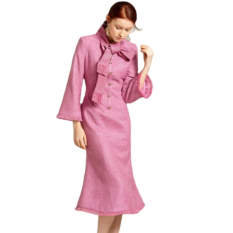B1689 Women Italian Career Dresses New Winter Lined Flare Fringe Sleeve A Line Midi Dresses Pink Office Formal Dress