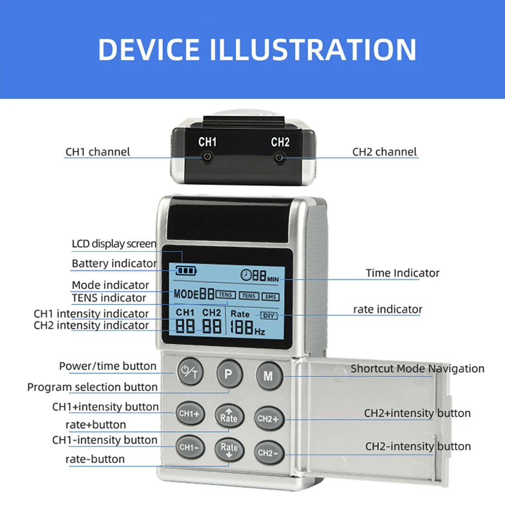 USB Rechargeable Electric Dual Channel EMS Pulse Body Massager TENS Unit Muscle Stimulator Machine