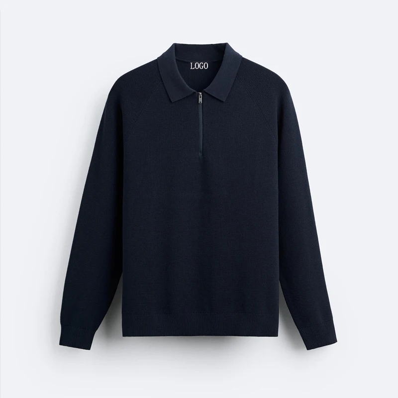 Custom Logo Fabric Factory Wholesale High Quality Brand Design Knitwear Men Long Sleeves Lapel Collar Quarter Zip Knit Polo