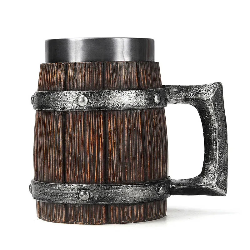 New Vintage Style 20 oz Germany Wood Barrel Double Wall Coffee Beer Cups Wooden Stainless Steel Handmade Resin Coffee Mug