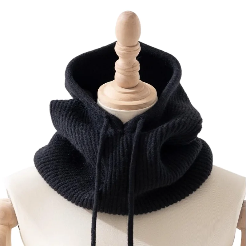 Acrylic Plain Solid Color Crochet Winter Knitted Hooded Mask Balaclava Hat Scarf