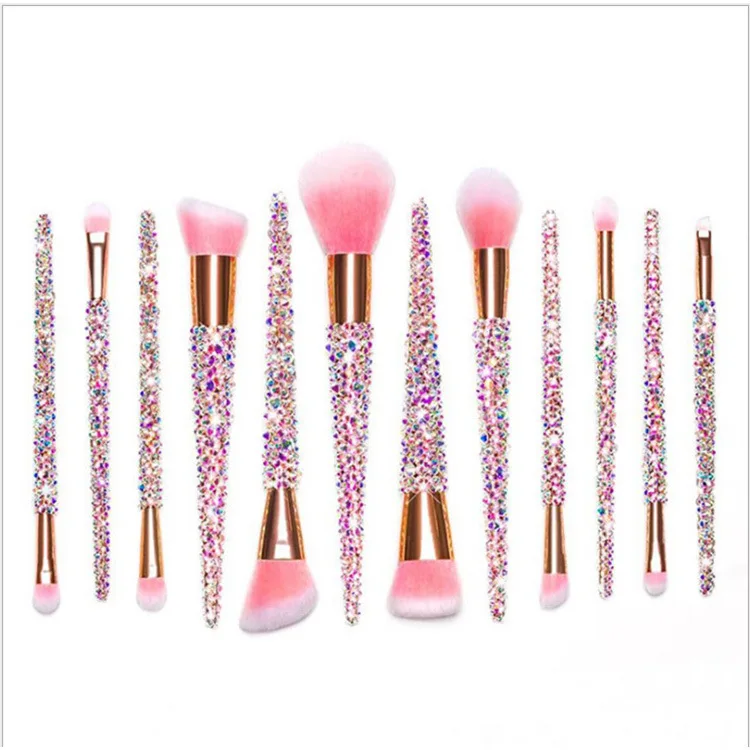 Handmade Soft Nylon Rhinestone Glitter Luxury Crystal Diamond BlingBling Powder Blusher Eyeshadow Brush Makeup Brush Set