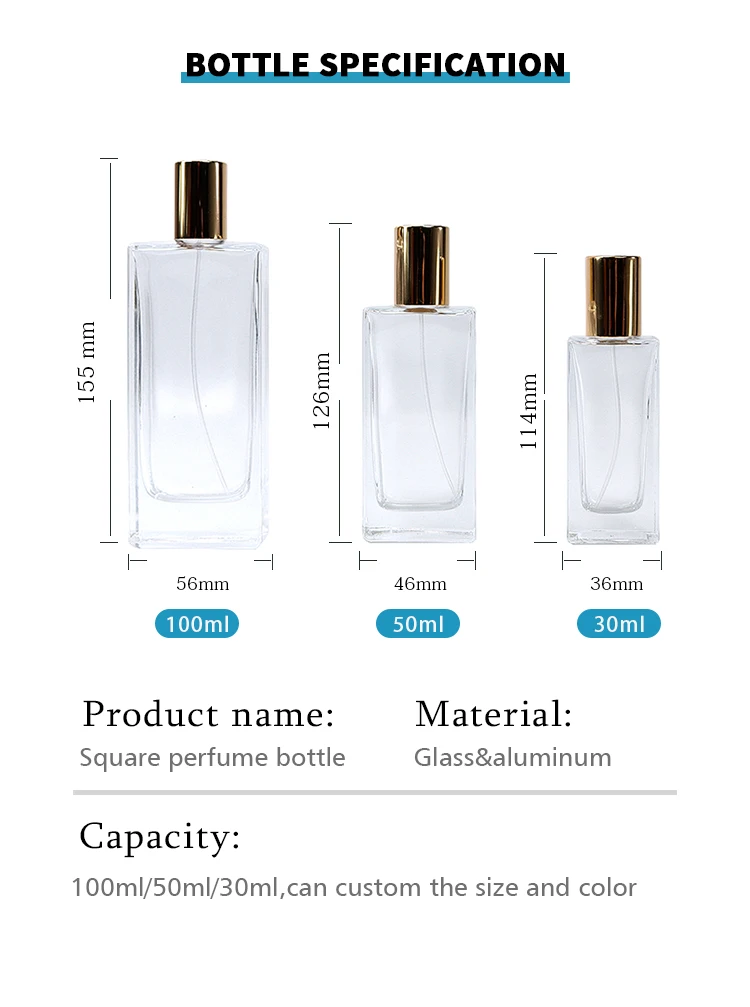 30ml 50ml 100ml clear empty square perfume glass bottle refillable crimp mouth sprayer