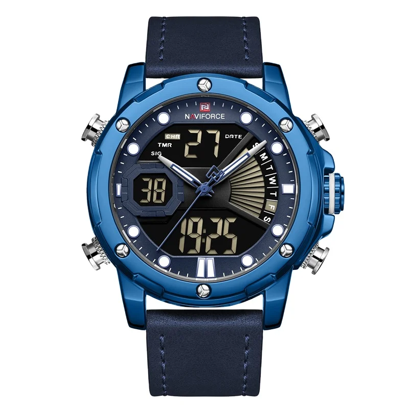 Naviforce 9172 аналоговые цифровые часы спортивные водонепроницаемые наручные мужские на рабочий день кварцевые с кожаным ремешком