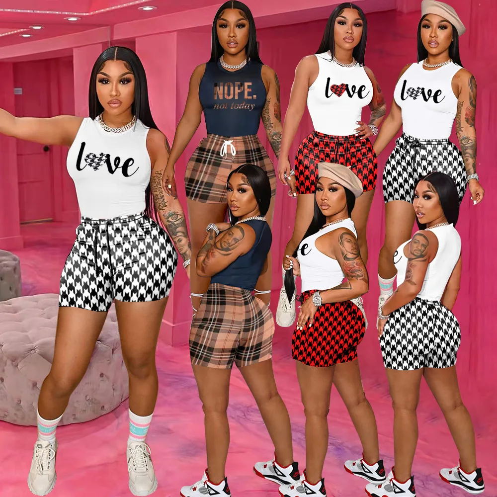 Over Size Women Tank Top and Pants 3d Print Customized Logo Women Two Piece Set Sweat Track Suit Outfit Biker Jogger Shorts