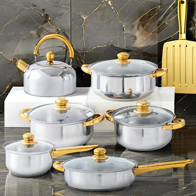 12-Piece Stainless Steel Pot Set With Kettle Non-Stick Cookware Set Kitchen Cooking Pots Pans Soup Pot Metal Kitchenware