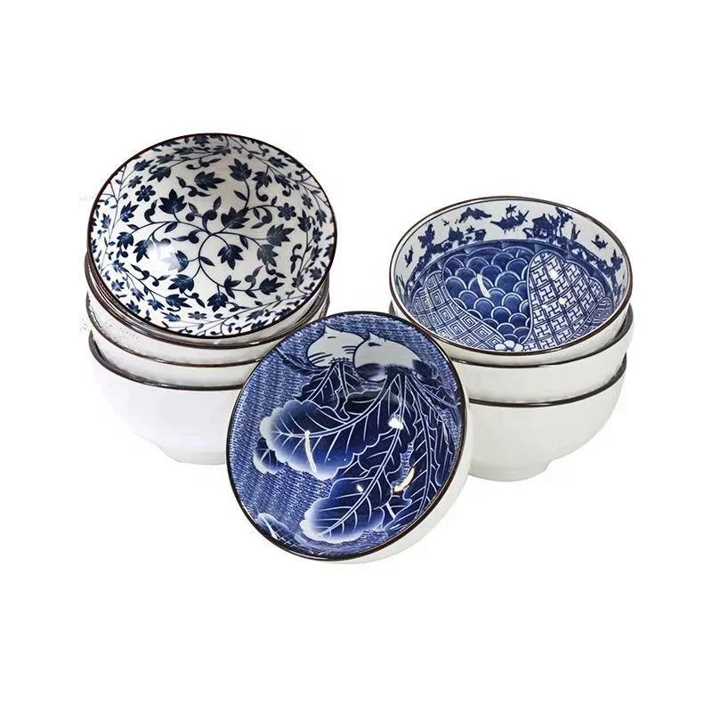 4.5inch Natural Healty Japanese Ceramic Bowl Gift Set Blue and White Porcelain Bowl