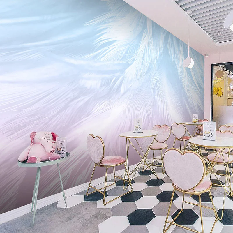 Gradual blue powder feather wallpaper warm bedroom living room sofa TV background wall cloth beauty shop wall fabric