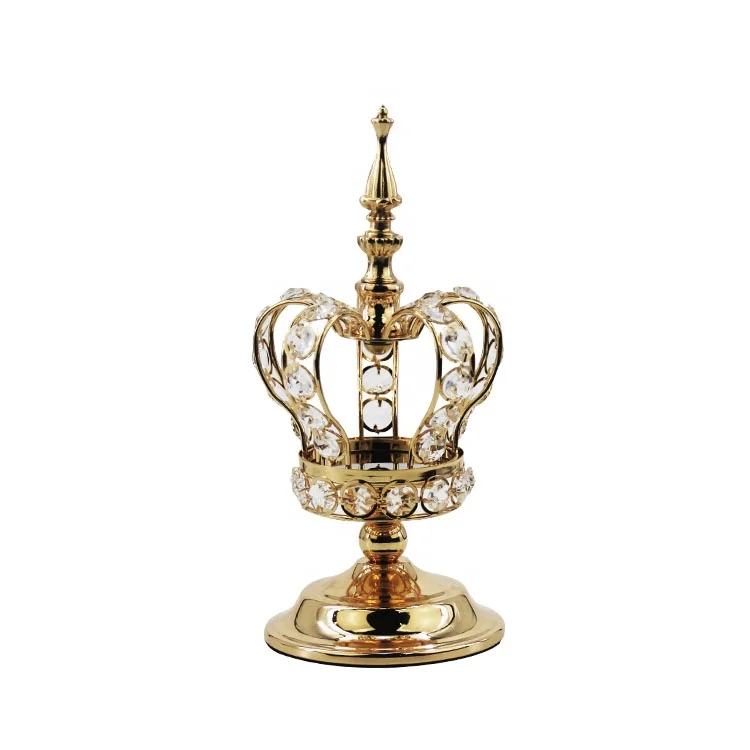 Custom 5 Size Unique Gold Metal Crown Crystal Candle Holder For Wedding Favors